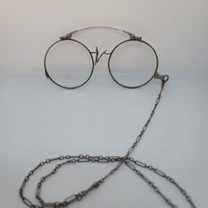 Antique Pince-Nez 14K White Gold Fill Frame Folding Eyeglasses & Chain